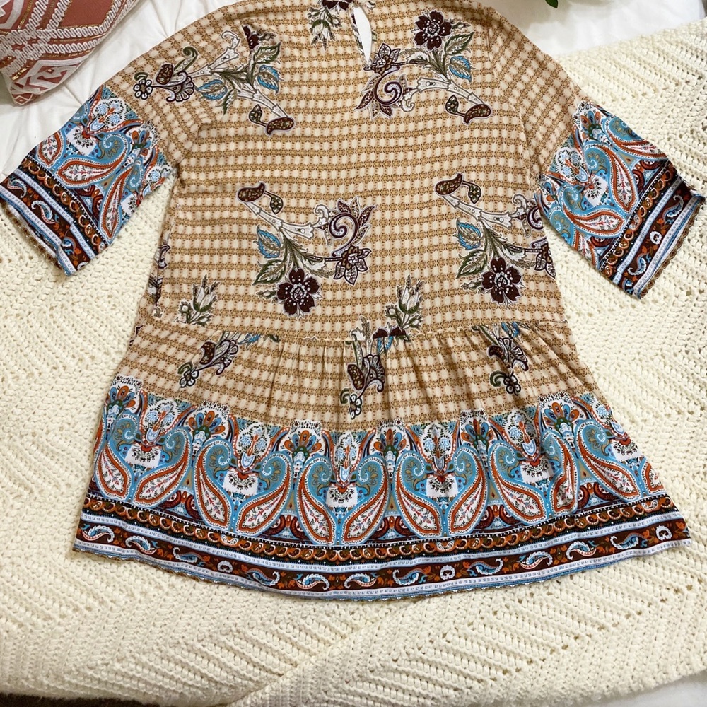 Umgee Brown Orange Turquoise Boho Mini Dress - Picture 2 of 7